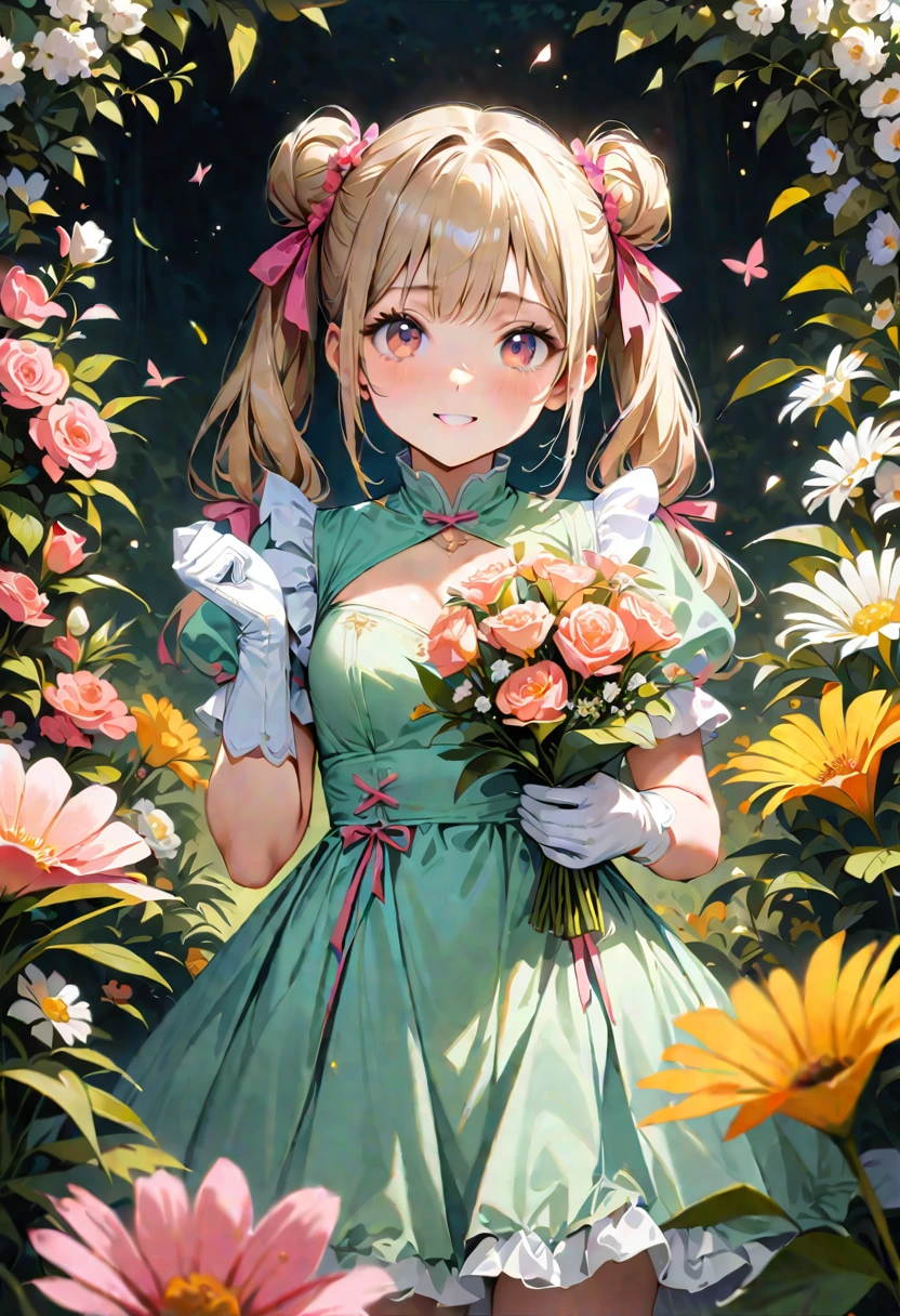 20 years old,1 girl,hyperrealistic, 8k, (extremely detailed 8k), (very delicate and beautiful), (masterpiece), (better quality:1.0), (ultra high resolution:1.0), (masterpiece, best quality), cute,blonde,cleavage cutout,(broen dress:1.3),(crop top navel:1),gleaming skin,twintails,twin bun,a pink ribbon on the head,long hair,pastel green frill Chinese-made dress,white long gloves,delighted,hold a bouquet of flowers,front view,a bunch of flowers,POV,bust shot,white frill,puffy sleeves,surrounded by flowers,cry for joy