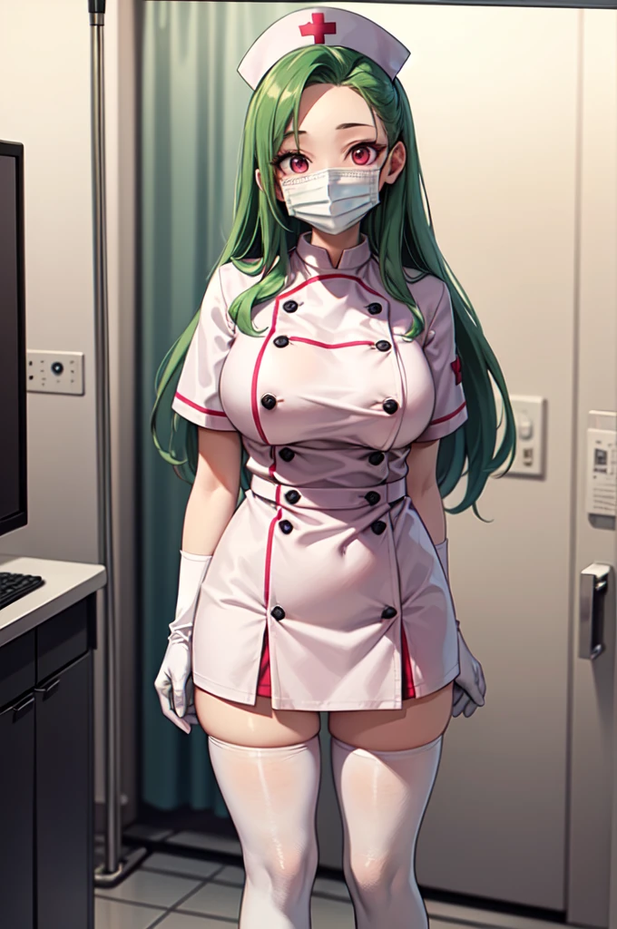 1woman, solo, nurse, white nurse cap, white nurse uniform, ((white legwear, zettai ryouiki)), white gloves, forehead, long hair, green hair, pink eyes, ((white surgical mask, covered nose)), standing, ((hospital room)), sharp outline, short sleeves, mature female, 35 years old, best quality, masterpiece