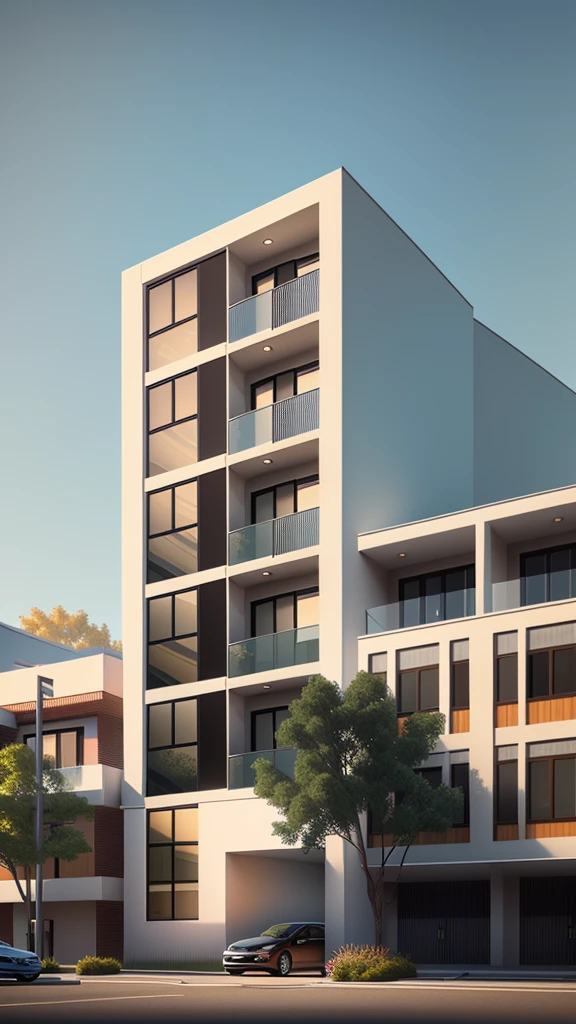 rendering of a modern apartment building with a parking lot in front, architectural 3 d render, low angle dimetric rendering, architectural render, high render, wide angle exterior 2022, architecture render, mid-view, pre-rendered, precise architectural rendering, professional render, architectural visualisation, highly detailed render, highly photographic render, hyper-realistic render