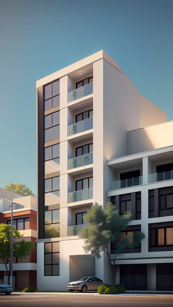rendering of a modern apartment building with a parking lot in front, architectural 3 d render, low angle dimetric rendering, architectural render, high render, wide angle exterior 2022, architecture render, mid-view, pre-rendered, precise architectural rendering, professional render, architectural visualisation, highly detailed render, highly photographic render, hyper-realistic render
