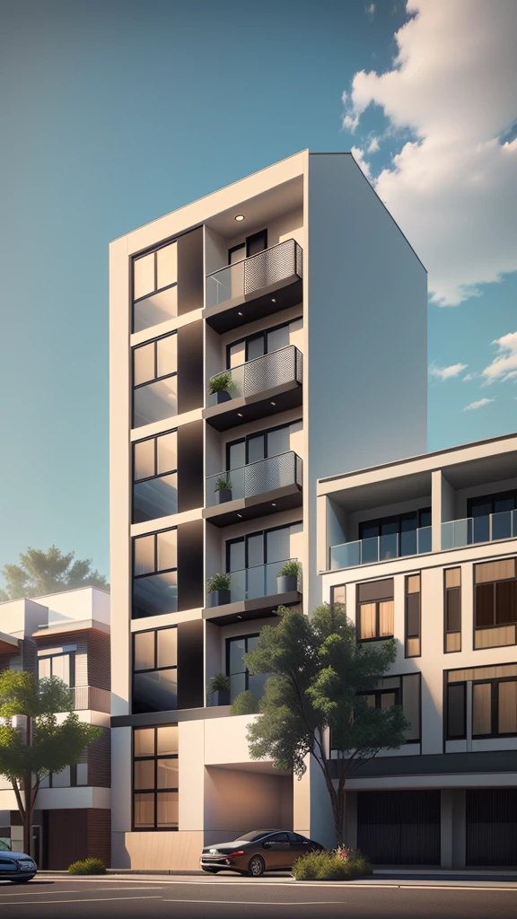 rendering of a modern apartment building with a parking lot in front, architectural 3 d render, low angle dimetric rendering, architectural render, high render, wide angle exterior 2022, architecture render, mid-view, pre-rendered, precise architectural rendering, professional render, architectural visualisation, highly detailed render, highly photographic render, hyper-realistic render