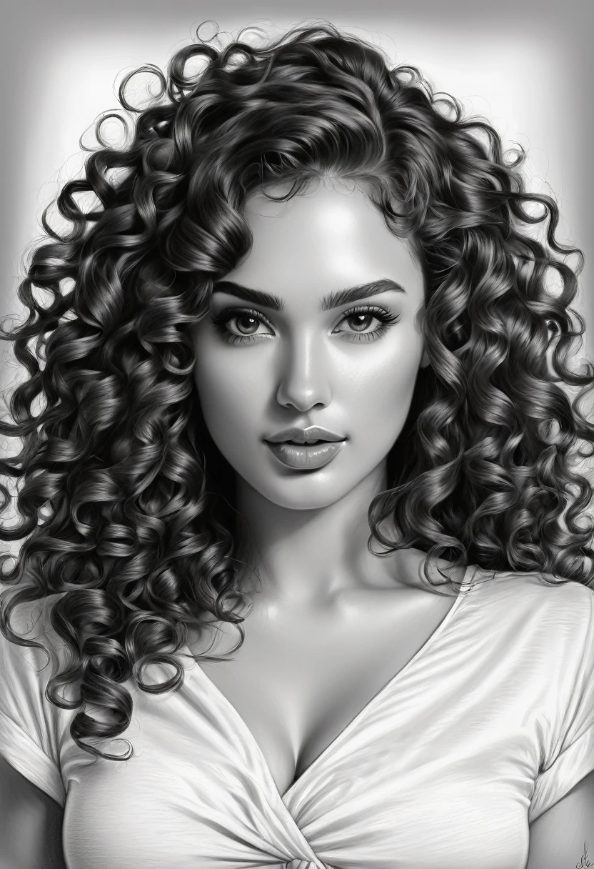 a drawing of a woman with long curly hair and a white shirt, a pencil sketch by Radi Nedelchev, art station, digital art, beautiful gorgeous digital art, gorgeous digital art, great digital art with details, beautiful digital art, high quality sketches, her face framed with curls, beautiful drawing style, beautiful digital artwork, beautiful drawing, beautiful digital illustration