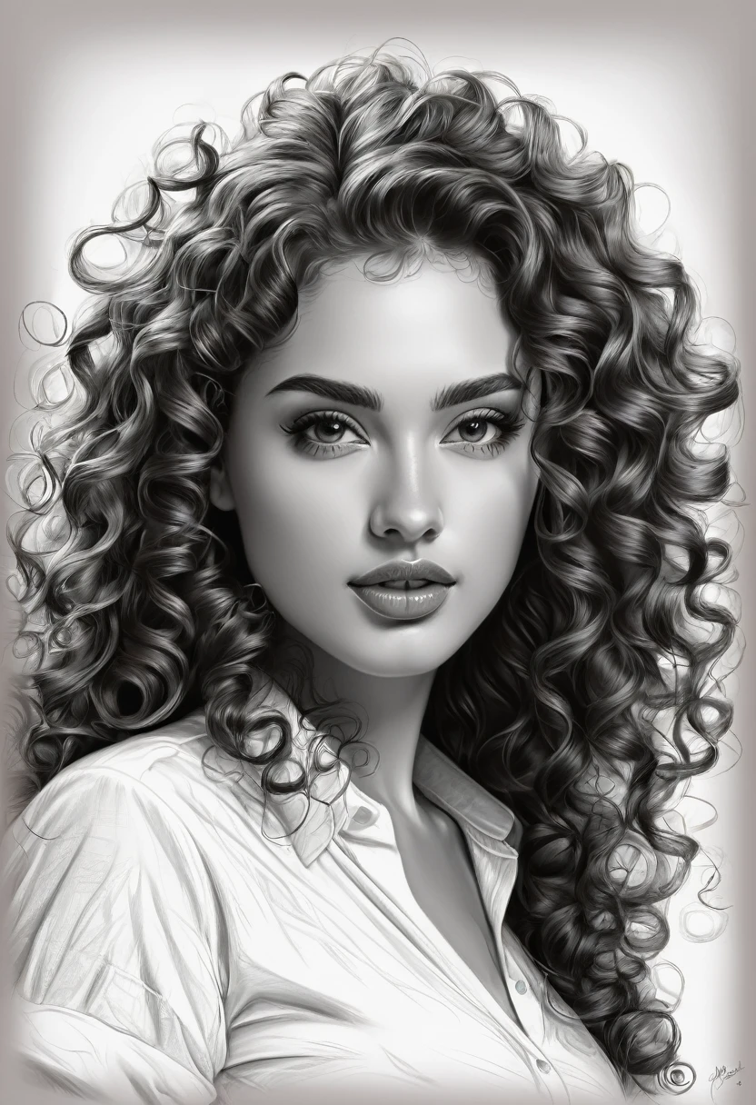 a drawing of a woman with long curly hair and a white shirt, a pencil sketch by Radi Nedelchev, art station, digital art, beautiful gorgeous digital art, gorgeous digital art, great digital art with details, beautiful digital art, high quality sketches, her face framed with curls, beautiful drawing style, beautiful digital artwork, beautiful drawing, beautiful digital illustration
