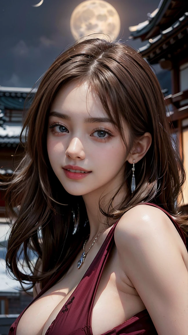 (Masterpiece, BestQuality:1.3), (ultra detailed:1.2), (hyperrealistic:1.3), (RAW photo:1.2),High detail RAW color photo, professional photograph, (Photorealistic:1.4), (realistic:1.4), ,professional lighting, (japanese), beautiful face, (realistic face), cute woman, (Brown Hair, Big Tits:1.5), (cheerful Smile:1.5), Trending Hair&Trending Hairカラーをランダムに, earrings, necklace, bracelet, sexly, erotic sexly, Random sexy gravure poses, (Wearing a crimson slit dress、A woman posing sensually in the moonlight, highlighting her bust。:1.3)