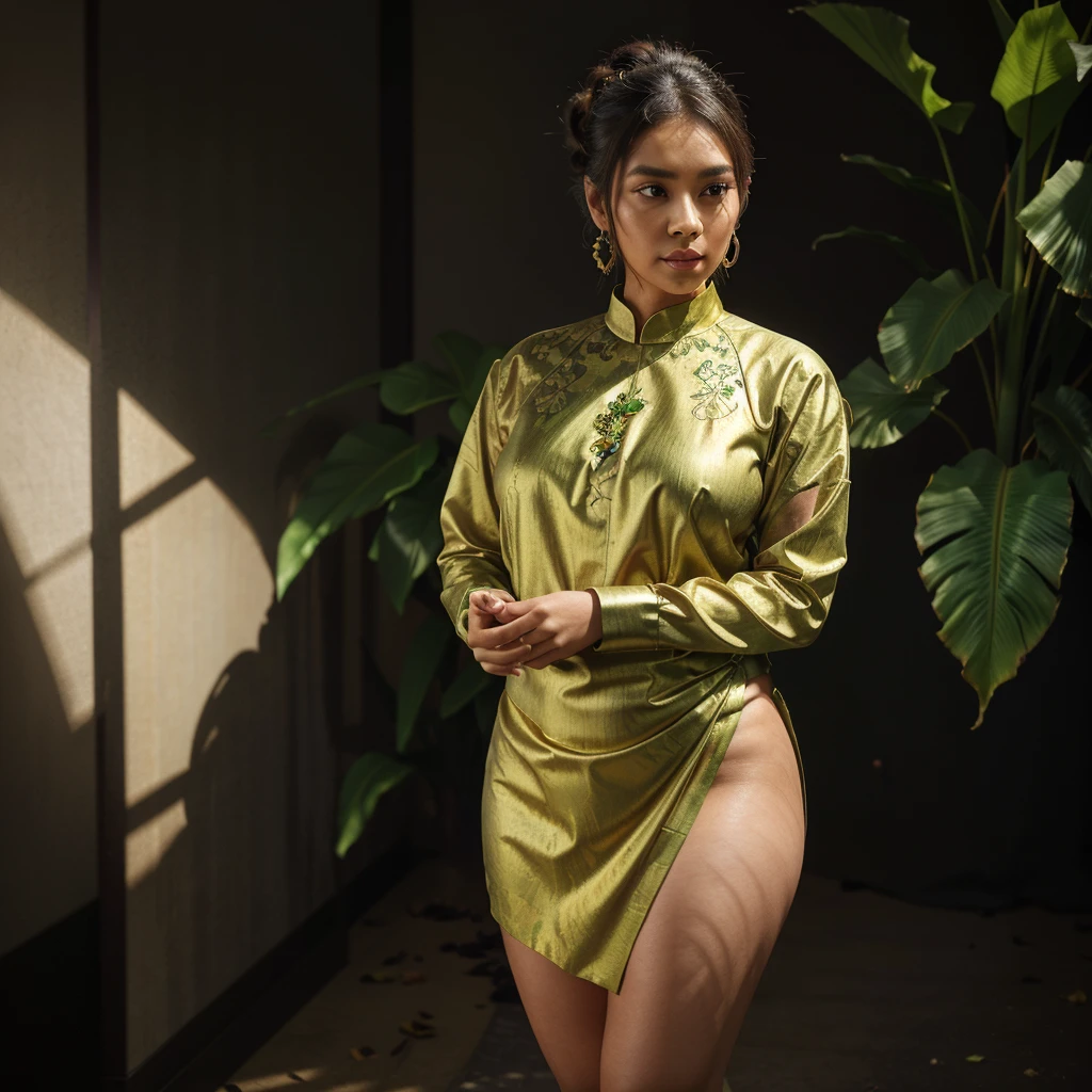 A beautiful curvy Khmer woman small updo acmm blouse,acmm long longyie a white to purple bearded iris flower with a green stem in the foreground and bronze metallic leaves with yellow veins against a smokey black background behind it fading to all black edge of the image, a digital rendering, photorealistic imagery, lyco art, Art Brenner