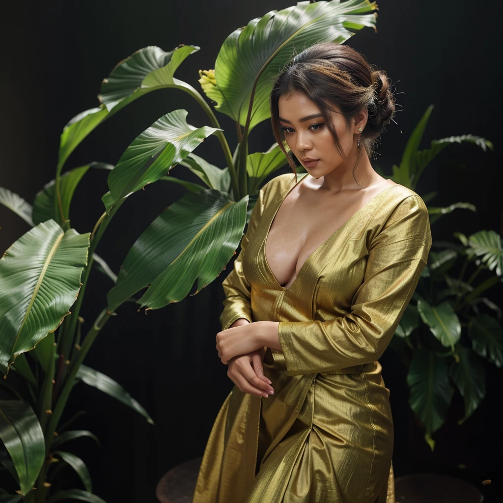 A beautiful curvy Khmer woman small updo acmm blouse,acmm long longyie a white to purple bearded iris flower with a green stem in the foreground and bronze metallic leaves with yellow veins against a smokey black background behind it fading to all black edge of the image, a digital rendering, photorealistic imagery, lyco art, Art Brenner