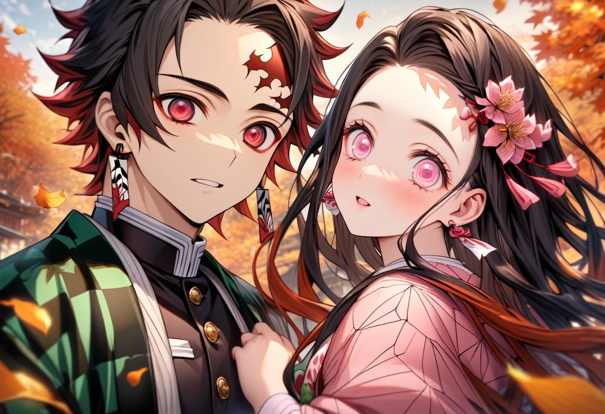 Ultra detailed, highres, absurdres, HDR, master piece, Kamado Tanjirou, ruffled black hair with burgundy tips, short hair, expressive dark red eyes, hanafuda earrings, Kamado Nezuko, black hair, expressive pink eyes, black haori, pink kimono, Kimetsu No Yaiba, autumn, petals, orange and yellow leaves, a handsome man together with a beautiful woman, couple, handsome, demon slayer uniform, green haori, best quality, red mark on his forehead