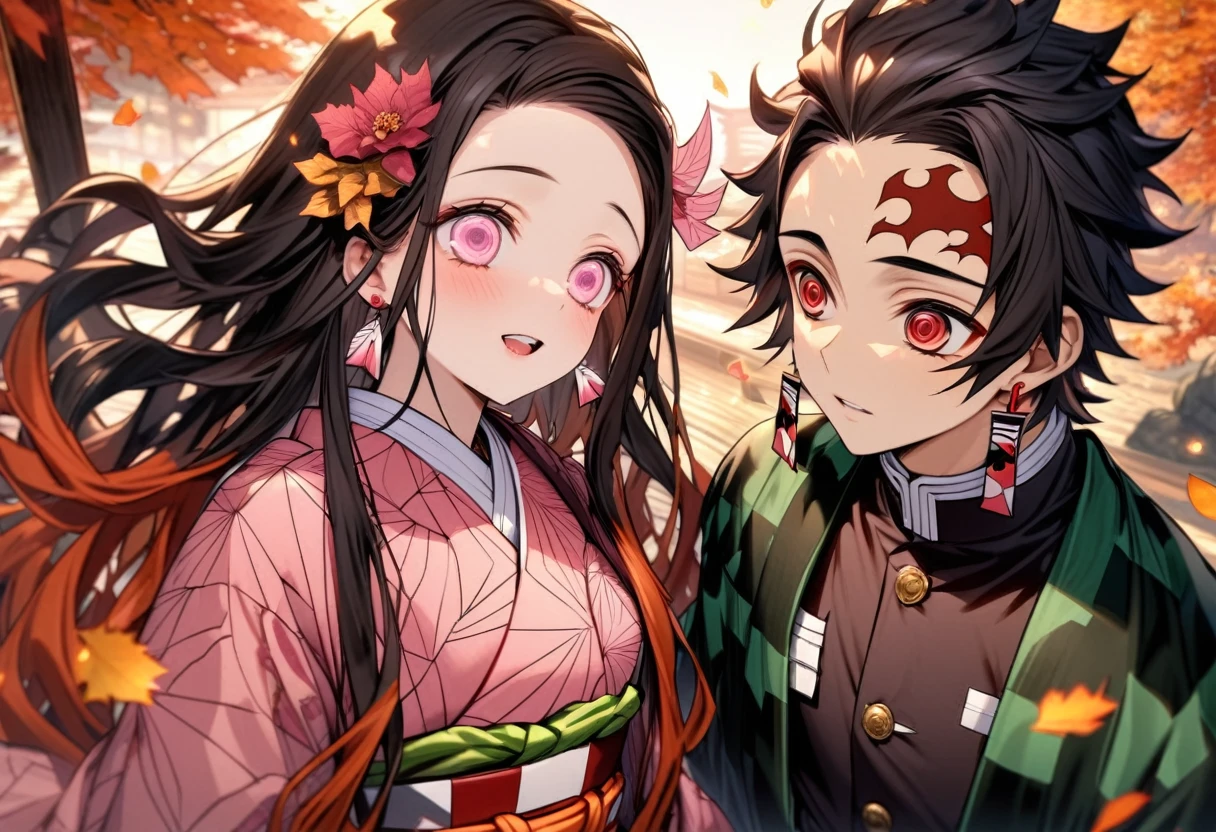 Ultra detailed, highres, absurdres, HDR, master piece, Kamado Tanjirou, ruffled black hair with burgundy tips, short hair, expressive dark red eyes, hanafuda earrings, Kamado Nezuko, black hair, expressive pink eyes, black haori, pink kimono, Kimetsu No Yaiba, autumn, petals, orange and yellow leaves, a handsome man together with a beautiful woman, couple, handsome, demon slayer uniform, green haori, best quality, red mark on his forehead