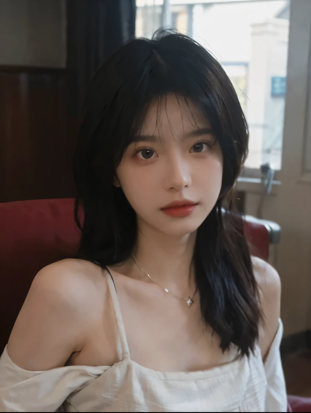Film portrait photography, 2 girls, Bare shoulders,Lipstick,(flat chest:1.4), Wear a necklace,Cute expression,Exquisite makeup,Red suspenders,serene, calm, (Realistic and detailed eyes, Natural skin texture, Realistic facial details), Big breasts:1.6,Big Breasts,Soft dramatic lighting, Depth of Field, Bokeh, Vibrant details, Detailed and detailed, Surreal, 35mm film, hazy, ,