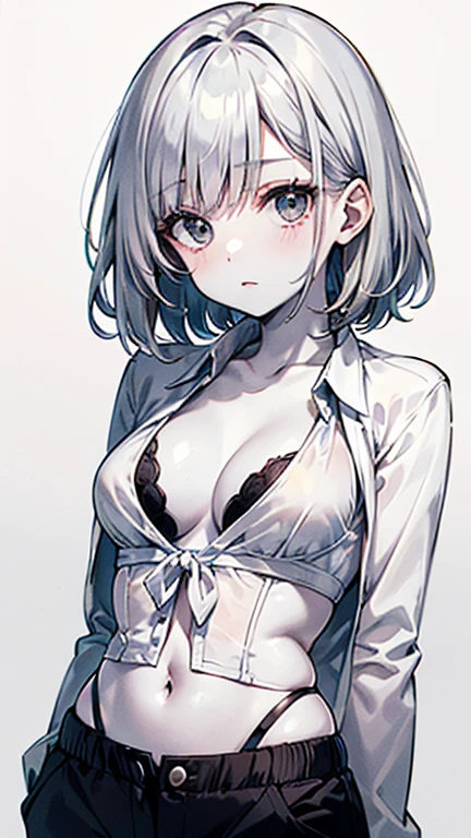 AkiyamaYukari,Takeda Saori,where,
One Woman,
(Silver Hair:1.5),
(Semi-short hair,)Perm,
Late 30s,Natural skin texture,Narrow waist,Thin type,
(White skin:1.9),low length,Japanese Girl,,
Jet Black Eyes,Small breasts,Belly button,
((((Black cleavage-revealing shirt)))),
(((Jersey pants))),
((V-shaped bikini pants)),
(corset:1.1),
((ID photo:1.8,Plain background:1.6,Capture your subject from the front)),
expression(Straight face),upright posture,
Natural depiction,
Beautiful depiction,
Shiny eyes,
Healthy Body,
Natural hairstyle,
Natural body contours,
Natural facial contours,
(Five fingers)Absolute depiction,Symmetrical fingers,
Two arms,
Two legs,
Sharp eyelid depiction,
Symmetrical eyes,Symmetrical eyes,
Keep the subject in the center,Expand the upper body,
Beautiful image quality,
Delicate shades,
4K,Very detailed,
Delicate light adjustment,
Delicate contour drawing,