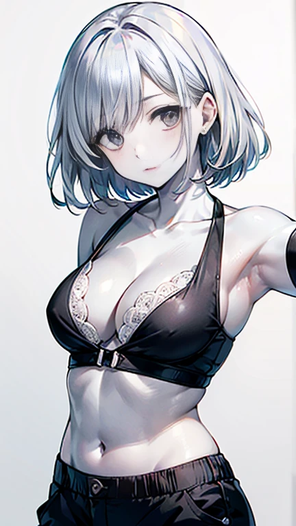 AkiyamaYukari,Takeda Saori,where,
One Woman,
(Silver Hair:1.5),
(Semi-short hair,)Perm,
Late 30s,Natural skin texture,Narrow waist,Thin type,
(White skin:1.9),low length,Japanese Girl,,
Jet Black Eyes,Small breasts,Belly button,
((((Black cleavage-revealing shirt)))),
(((Jersey pants))),
((V-shaped bikini pants)),
(corset:1.1),
((ID photo:1.8,Plain background:1.6,Capture your subject from the front)),
expression(Straight face),upright posture,
Natural depiction,
Beautiful depiction,
Shiny eyes,
Healthy Body,
Natural hairstyle,
Natural body contours,
Natural facial contours,
(Five fingers)Absolute depiction,Symmetrical fingers,
Two arms,
Two legs,
Sharp eyelid depiction,
Symmetrical eyes,Symmetrical eyes,
Keep the subject in the center,Expand the upper body,
Beautiful image quality,
Delicate shades,
4K,Very detailed,
Delicate light adjustment,
Delicate contour drawing,