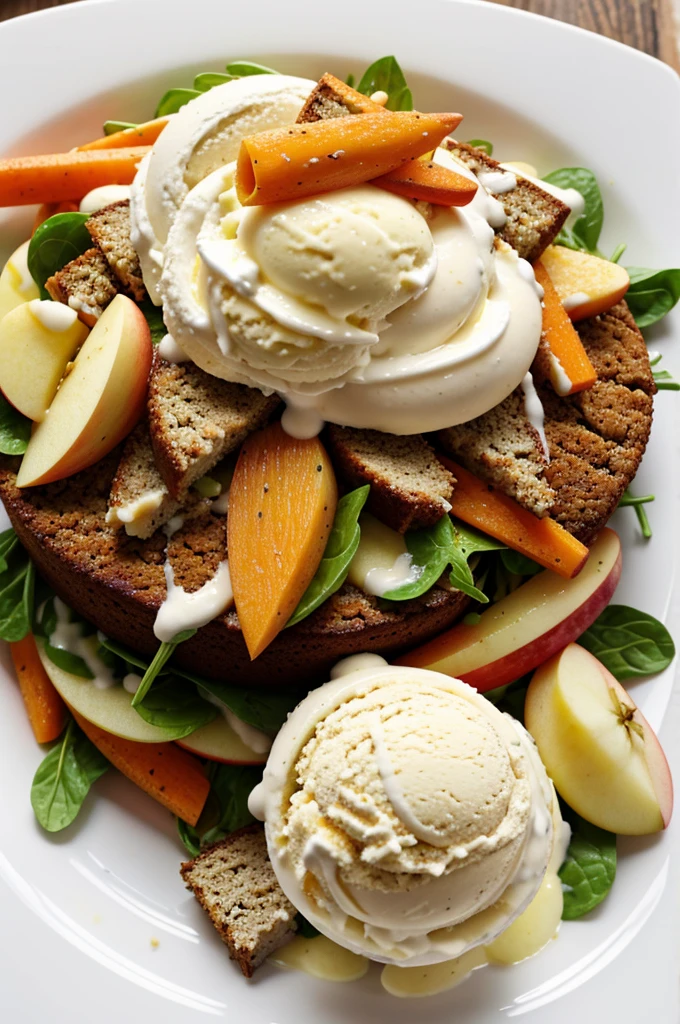 Apple salad accompanied with goose ice cream and carrot cake 