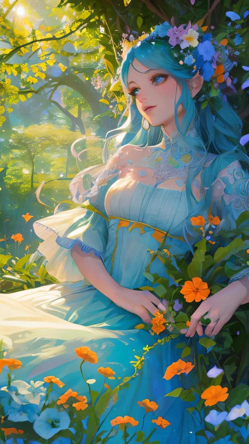 A fantastical fairy in a summer garden, detailed face, beautiful eyes and lips, long eyelashes, flowing hair, ethereal dress, sunlight filtering through trees, glowing colors, lush greenery, vibrant blue and orange flowers, ornate architecture in the background, high quality, ultra-detailed, realistic, masterpiece, concept art