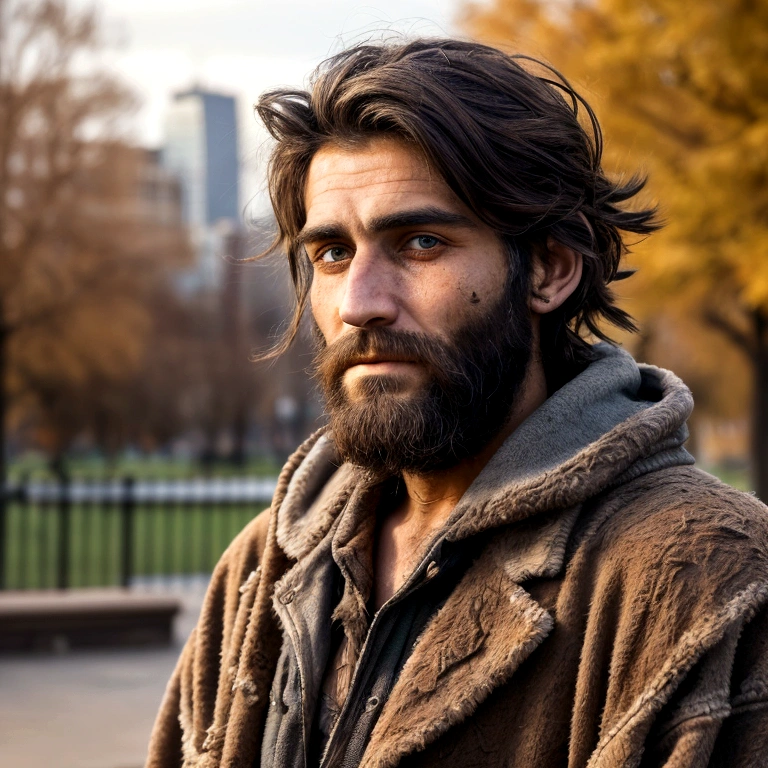 generate a very realistic 8k image of a handsome 27 year old bearded homeless man looking straight at the camera in a dirty and torn coat in a beautiful city park
