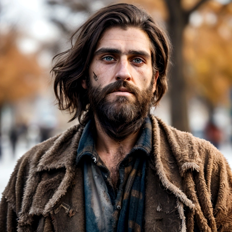 generate a very realistic 8k image of a handsome 27 year old bearded homeless man looking straight at the camera in a dirty and torn coat in a beautiful city park