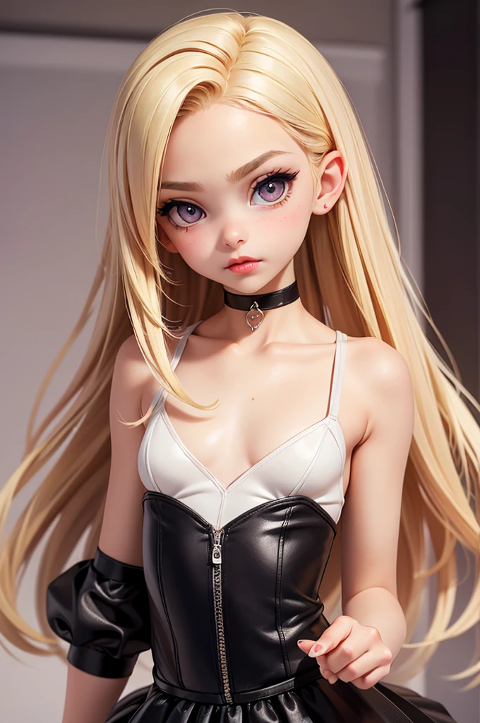 hyperrealistic 14 year old american , blonde, little, perfect tiny body, sexy, dark makeup, small choker, perfect slim face, big red lips, very cute face, tiny body, big eyes, young looking, childish looking, ballet classes