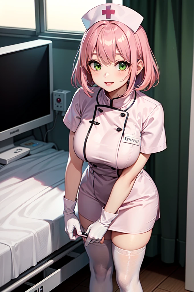 1woman, solo, nurse, white nurse cap, white nurse uniform, ((white legwear, zettai ryouiki)), white gloves, pink hair, green eyes, drooping eyes, pink lips, smile, standing, ((hospital room)), sharp outline, short sleeves, mature female, 32 years old, best quality, masterpiece