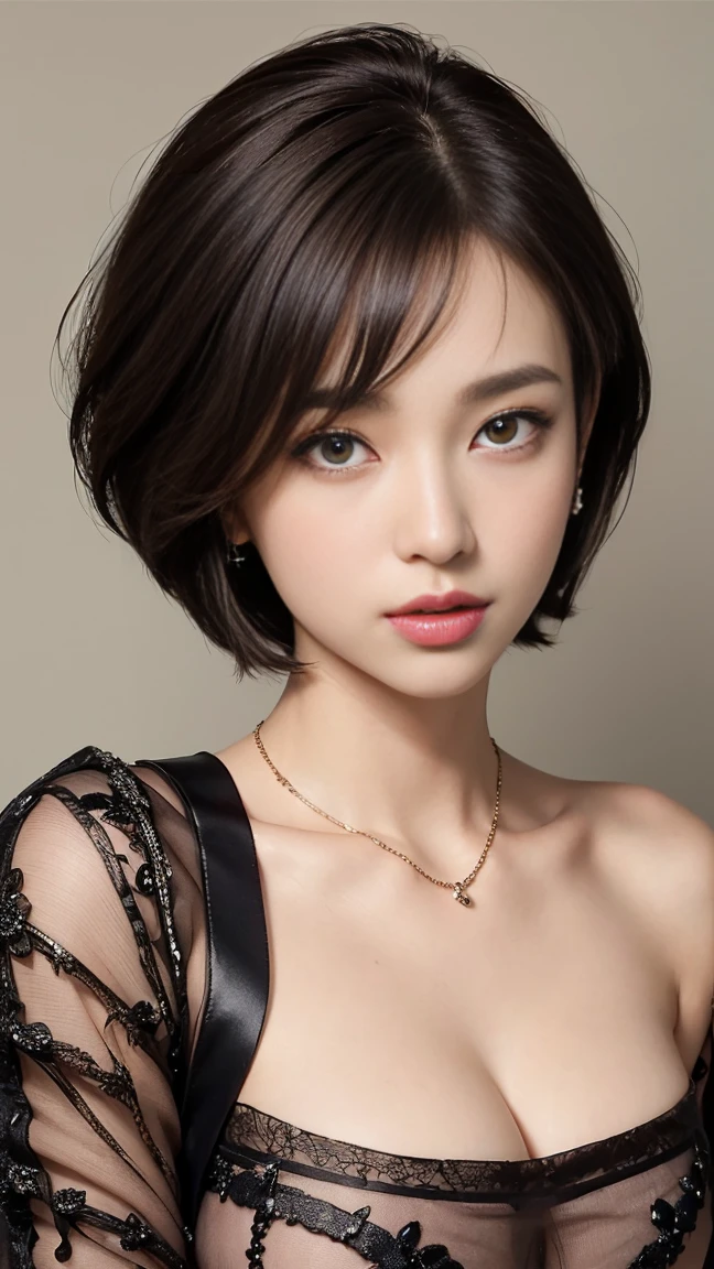 (masterpiece、Highest quality、Very detailed),Beautiful woman、((Wear loose clothing made from very thin fabrics:1.5)))、Earrings、美しいlipsのピアス、笑いと笑顔のlips、顔のlipsをからかいます。girl、lipstick color、Pink lipstick、lipakeup makes you look sexy、輝く赤いリップ ピンクのlips リップピアス 見た目がゴージャス、30 Agents Know Women,One person、 ((Dark brown bob cut))、Earrings、necklace、((85cm bust))、Cleavage、