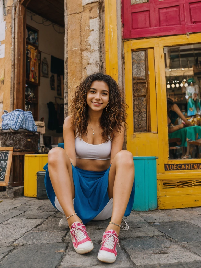 her name is Valentina, high quality, 1girl, ((20-year-old fit Latina woman)), ((20 years old)), ((Big tits)), long curly hair, pose: sitting, wearing stylish fashionable Generation-Z modern wear different colored, BACKGROUND: In the lively Lapa, where samba rhythms fill the air and street vendors offer colorful crafts, locals gather for a lively evening of music and dance.