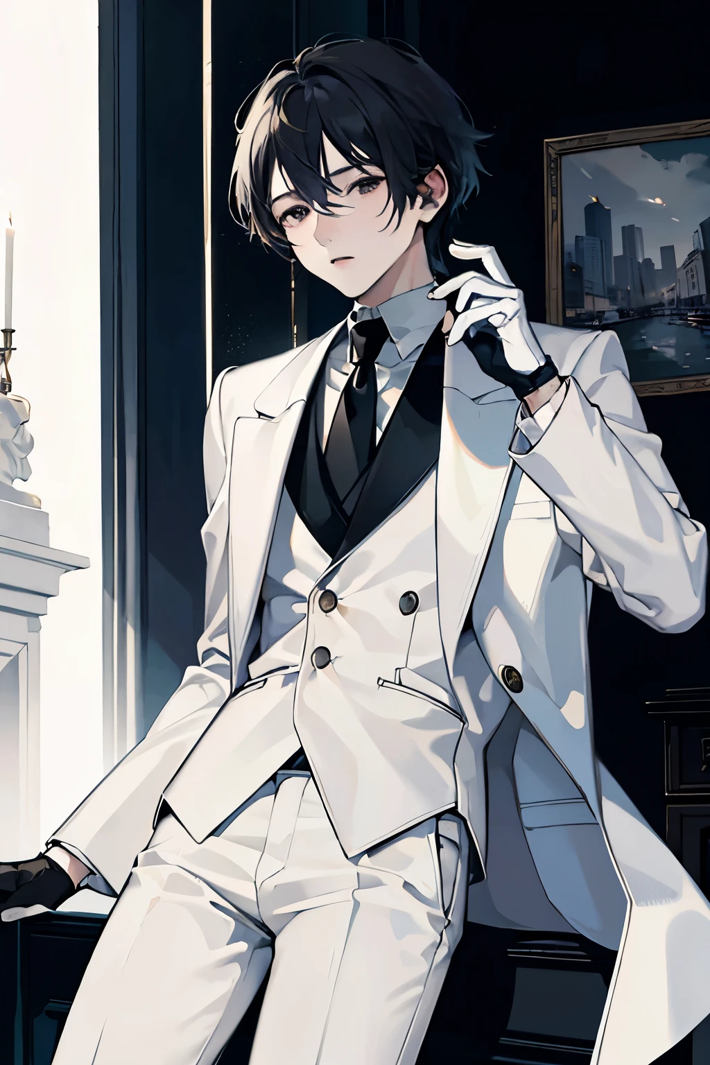 masterpiece, best quality, Solitary, male, mafia, White shirt, White pants, Black gloves, White coat, Medium Length Hair, Black Hair, Black eyes