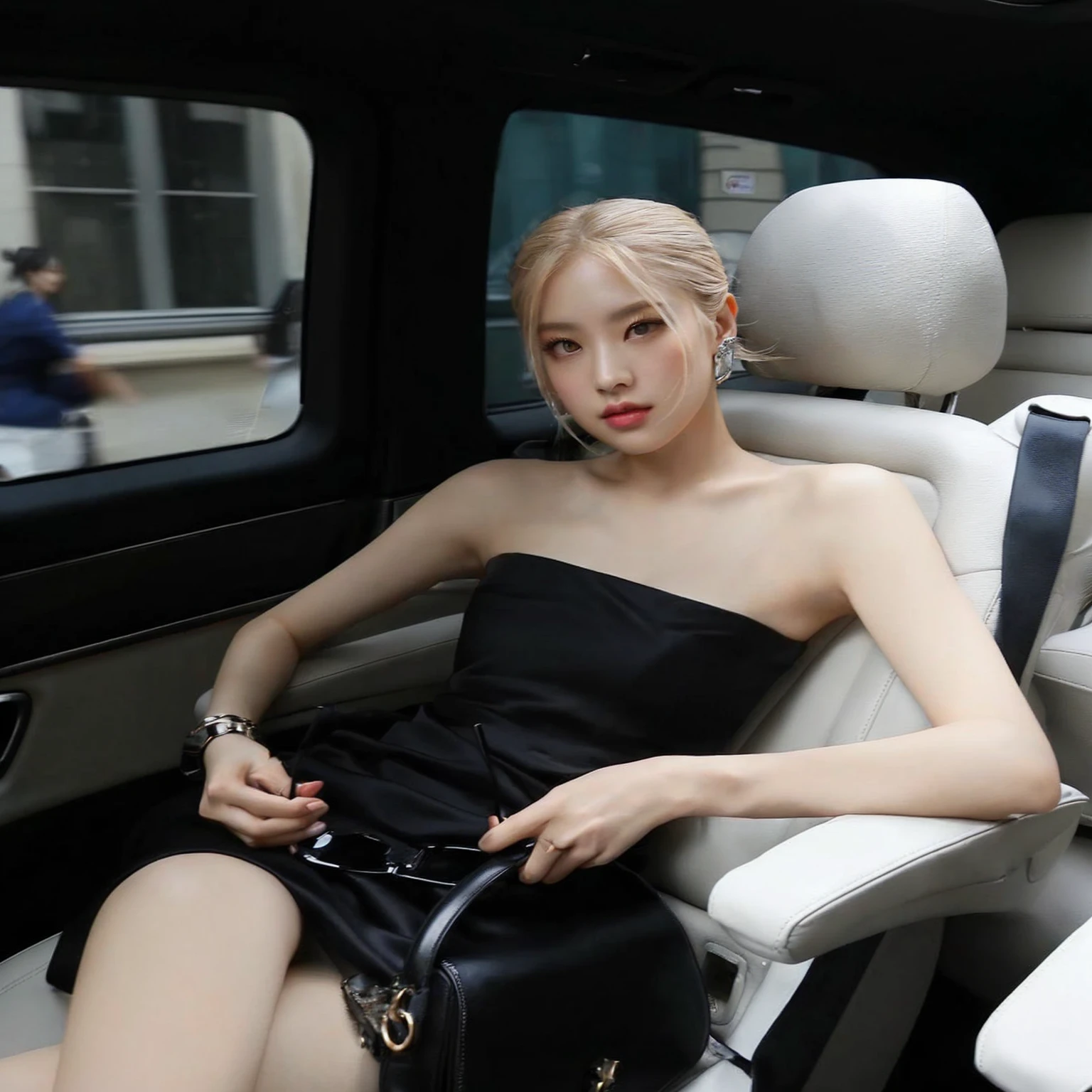 woman sitting in a car with a purse and a bag in her hand, Park Roseanne de Blackpink, sitting in her car, jia, she is wearing a black tank top, heonhwa choe, korean female fashion model, sheath dress, jossi de blackpink, jinyoung shin, Beautiful young Korean woman, bae suzy, Lalisa Manoban of Blackpink
