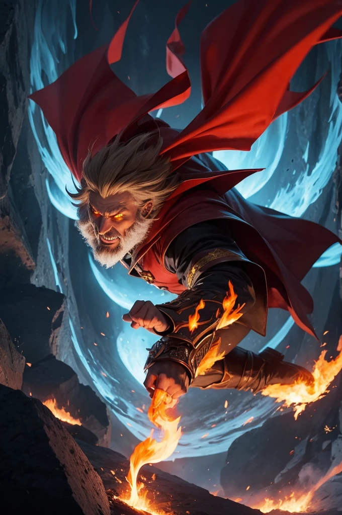 Evil fire wizard flying with fire around him