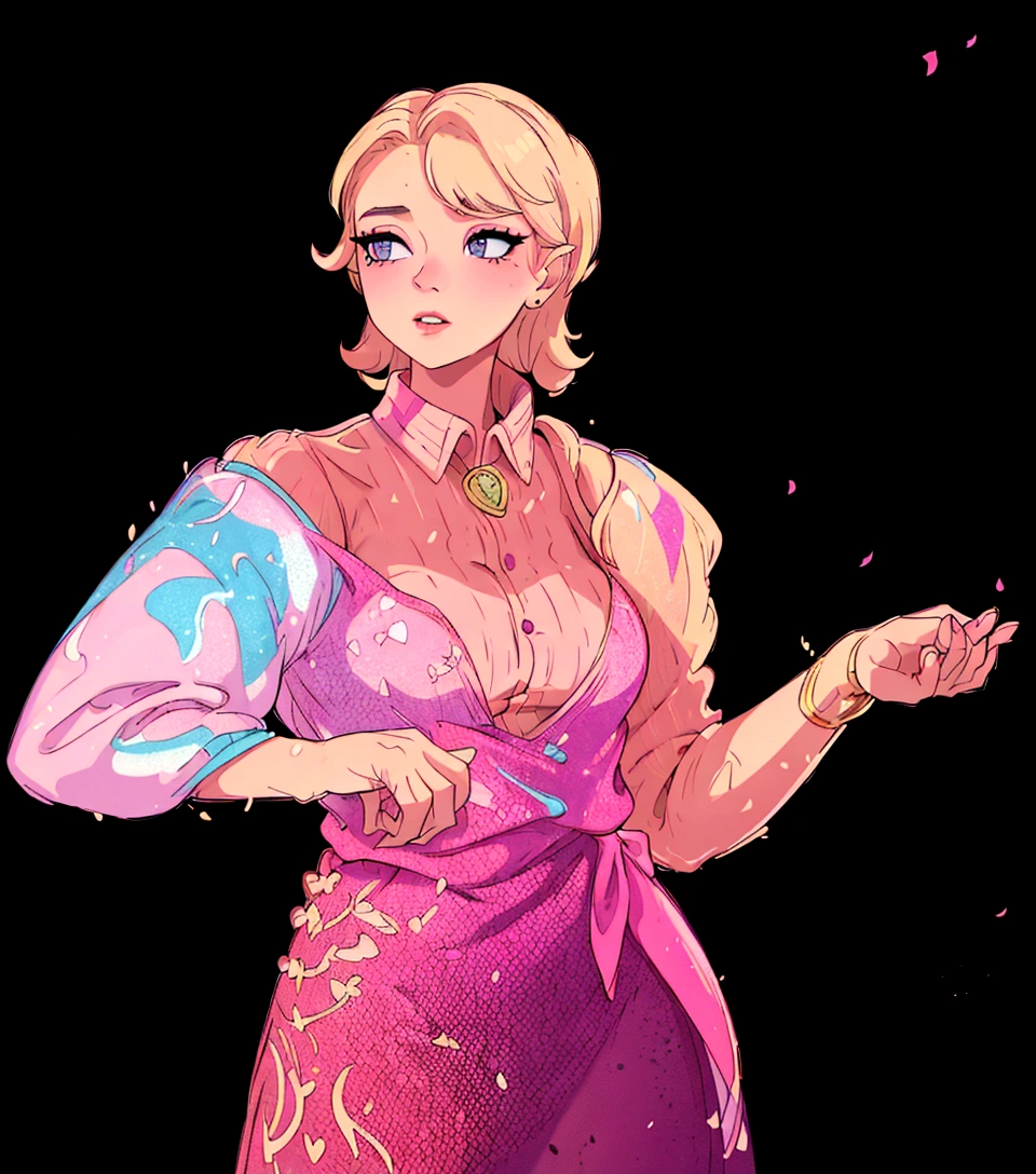 The image depicts a woman with blonde hair, wearing a vibrant pink dress with gold accents. She has a confident pose, standing with her hands on her hips and her head slightly tilted to the side. Her makeup is done in shades of pink and purple, complementing her attire. The background is black, which contrasts with her colorful outfit and highlights her as the main subject of the image.