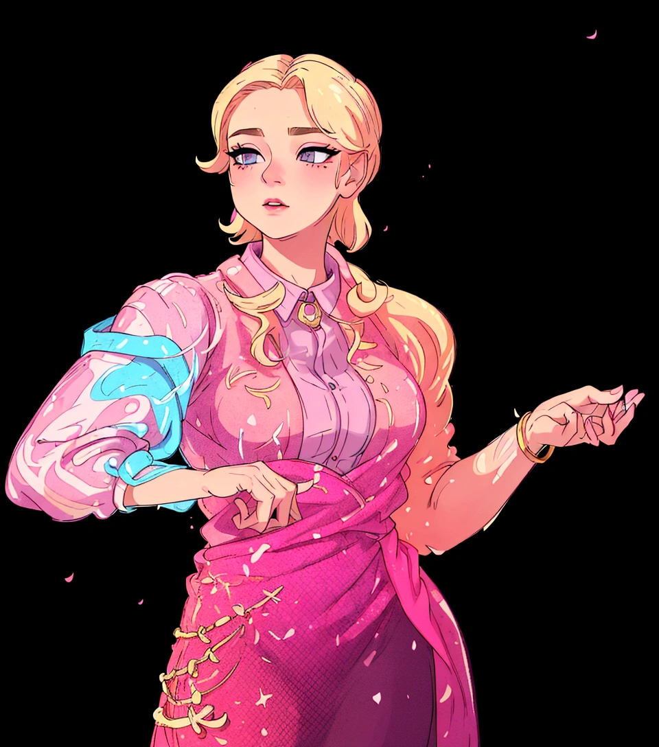 The image depicts a woman with blonde hair, wearing a vibrant pink dress with gold accents. She has a confident pose, standing with her hands on her hips and her head slightly tilted to the side. Her makeup is done in shades of pink and purple, complementing her attire. The background is black, which contrasts with her colorful outfit and highlights her as the main subject of the image.