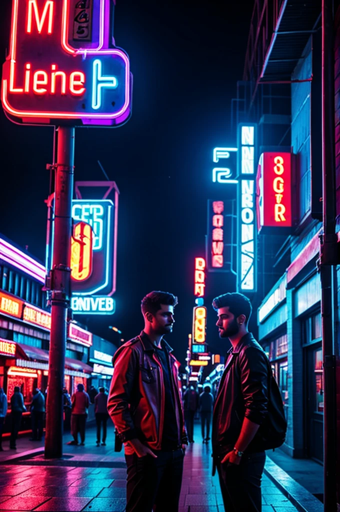 two guys standing underneath the neon lights 