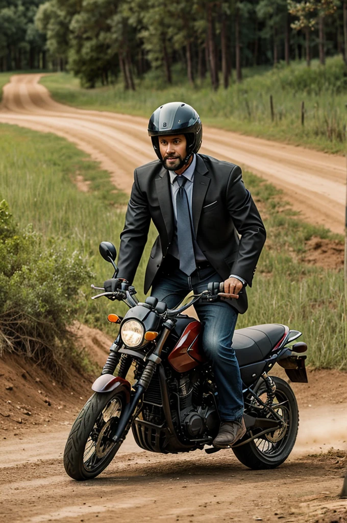 A man riding a motorcycle with a helmet and tie on a dirt road at Disney