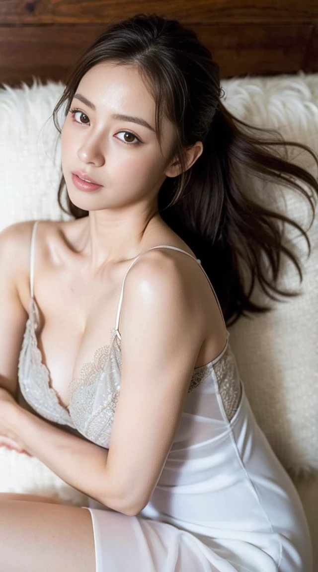 Dark brown hair、Light brown eyes、Japanese actress、 Lady、I am about 40 years old....、(Intricate details:1.2)、(Which is the top????:1.4)、 (Ultra-high resolution:1.2)、Ultra-high resolution、(Finely tuned)、(Detailed facial features)、Hmph、8K resolution、D cup size breasts、Long Hair、Updostyle, Updo、Hair Bun、1 Girl, Deep sorrowの表情, (Very detailed美しい顔), (camisole:1.5), (Bare shoulders:1.3), (Highest quality:1.4), (Very detailed)、Beautiful fair skin with transparency, Are sleeping、Sleeping on the floor、Top View、 Please open your mouth a little、Her legs are visible through the dress、Deep sorrow、Pose of Weakness、Obscene pose、White floor、White wall、The morning sun shines in、Lean on、
