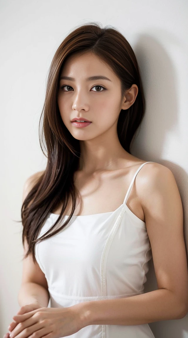Fashion model 20 years old [[[[Close-up cleavage]]]], [[[[climaxing]]]], [[[[Cole]]]], [[[[bshoulder]]]], perfect  eyes, Perfect iris，perfect lips，perfect teeth，Perfect Skin，soft front lighting，Glowing light，HighDynamicRange，Pure white costume，tee shirt，(facial closeups)，4K Ultra HD, Ultra-high resolution, (realisticlying: 1.4), Best quality at best，tmasterpiece，Ultra-diluted，（pastel colour：1.2,black hair