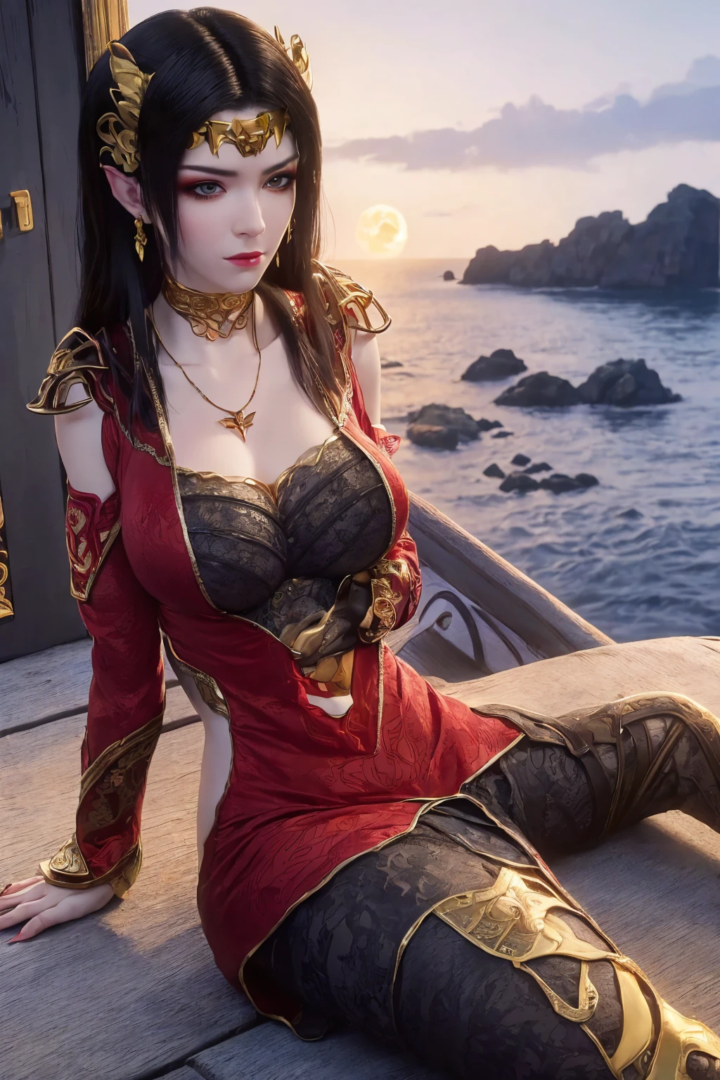 A realistic and detailed image of an Indonesian woman with long flowing hair, wearing a black batik patterned costume, a strapless corset V-cut dress made from red carbon fiber with sharp motifs, very tight and stiff adorned with sparkling blue gems, a luxurious long skirt, looking beautiful and stunning, sitting on a boat, surrounded by a pool of falling flowers, sparkling gems, and blue moonlight.