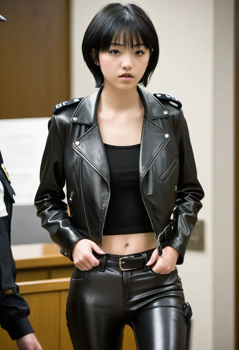 young 18 year old girl, shiny black leather trousers and jacket, skinny body, short black hair, courtroom, she gets arrested by a police officer