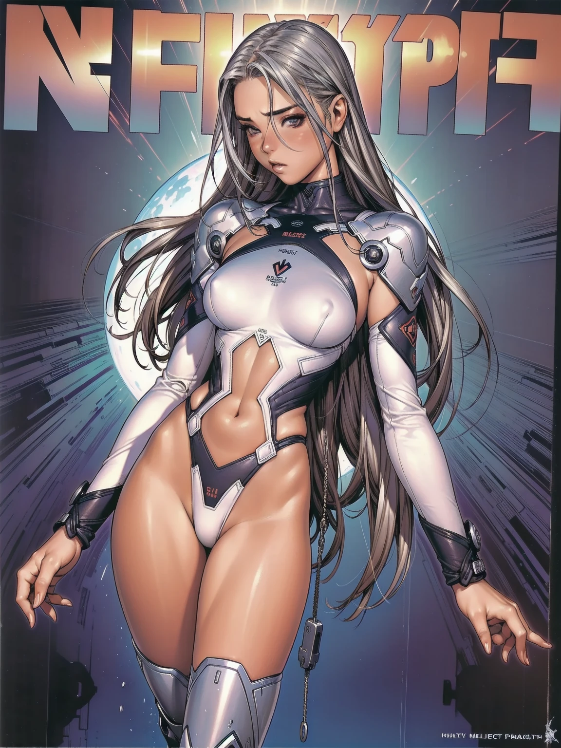 ((best qualityer)), (((clothes 100% silver))), (((slim))), (Muscles), (((silver suit))), ((Perfect masterpiece)), (detailded: 1.4), (absurdrez), (((long straight hair with modern cut))), (((full body fitness, neckline showing part of the breasts)), (((woman with long cropped hair, blushful))), 21 year old woman, beautiful sexy woman, giant robot pilot, wild with perfect corpo fitness, wearing small battle clothes, tiny thong, Simon Bisley styled for the cover of Heavy Metal magazine, clothing with Japanese graphic patterns, halftone pattern and vertical seams, Silver, exiting the body of a giant robot