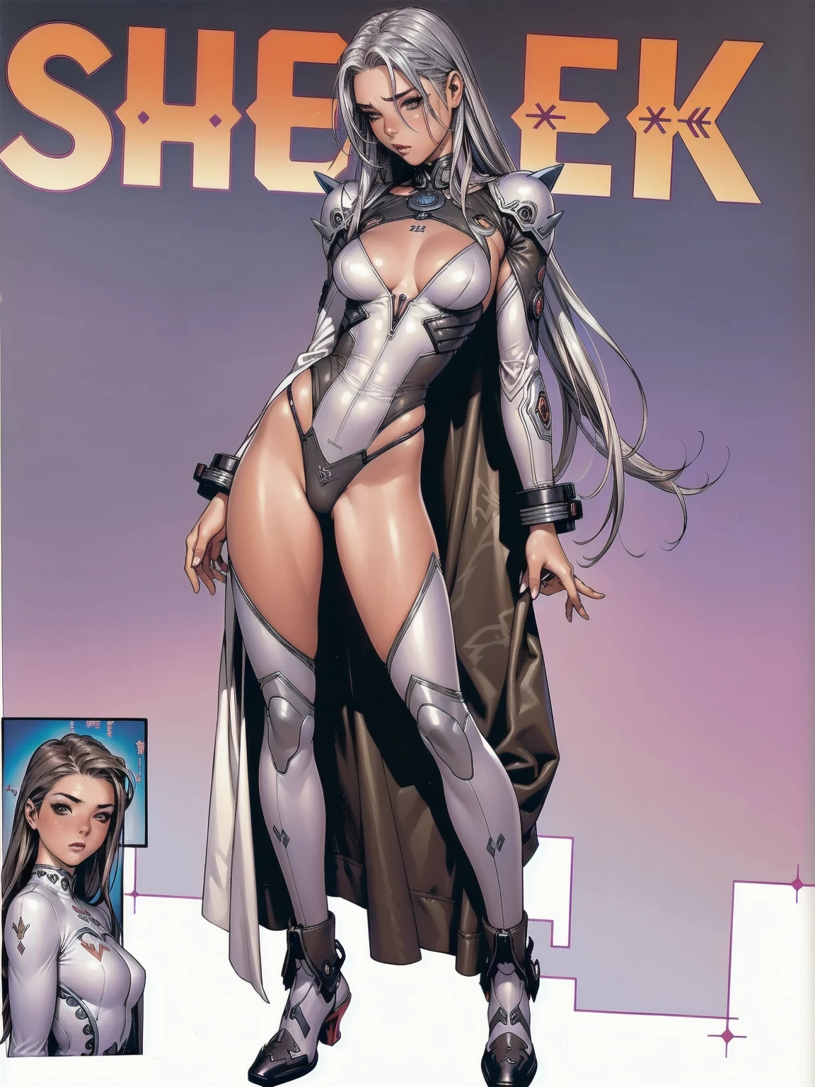 ((best qualityer)), (((clothes 100% silver))), (((slim))), (Muscles), (((silver suit))), ((Perfect masterpiece)), (detailded: 1.4), (absurdrez), (((long straight hair with modern cut))), (((full body fitness, neckline showing part of the breasts)), (((woman with long cropped hair, blushful))), 21 year old woman, beautiful sexy woman, giant robot pilot, wild with perfect corpo fitness, wearing small battle clothes, tiny thong, Simon Bisley styled for the cover of Heavy Metal magazine, clothing with Japanese graphic patterns, halftone pattern and vertical seams, Silver, exiting the body of a giant robot