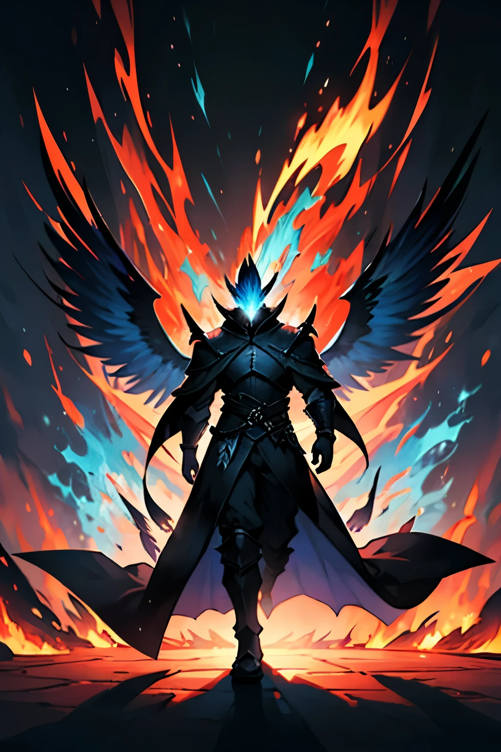 phoenix, solo, mysterious silhouette, figure completely shrouded in shadow, shadow, darkness, large wings, blue flames, magic fire, black robes and armor, blue fire, blue fiery aura