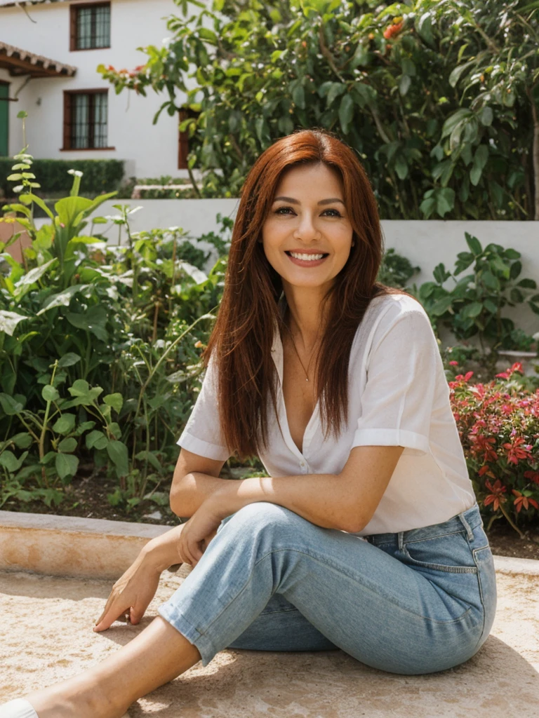 Adriana, 1girl, solo, realistic, photorealistic, high quality picture, 8k, high resolution, detailed quality, film grain, natural photo, ultrarealistic, (((40-years-old))), ((detailed wrinkles in her face)), LATINA, (Background: Mexico), (((SLIM))), ((THIN)), (Slender) ((Long Red hair)), Smiling, fully clothed, Pose: Sitting, ((Sitting outside her garden at house in Mexico)), Noon time, full shot