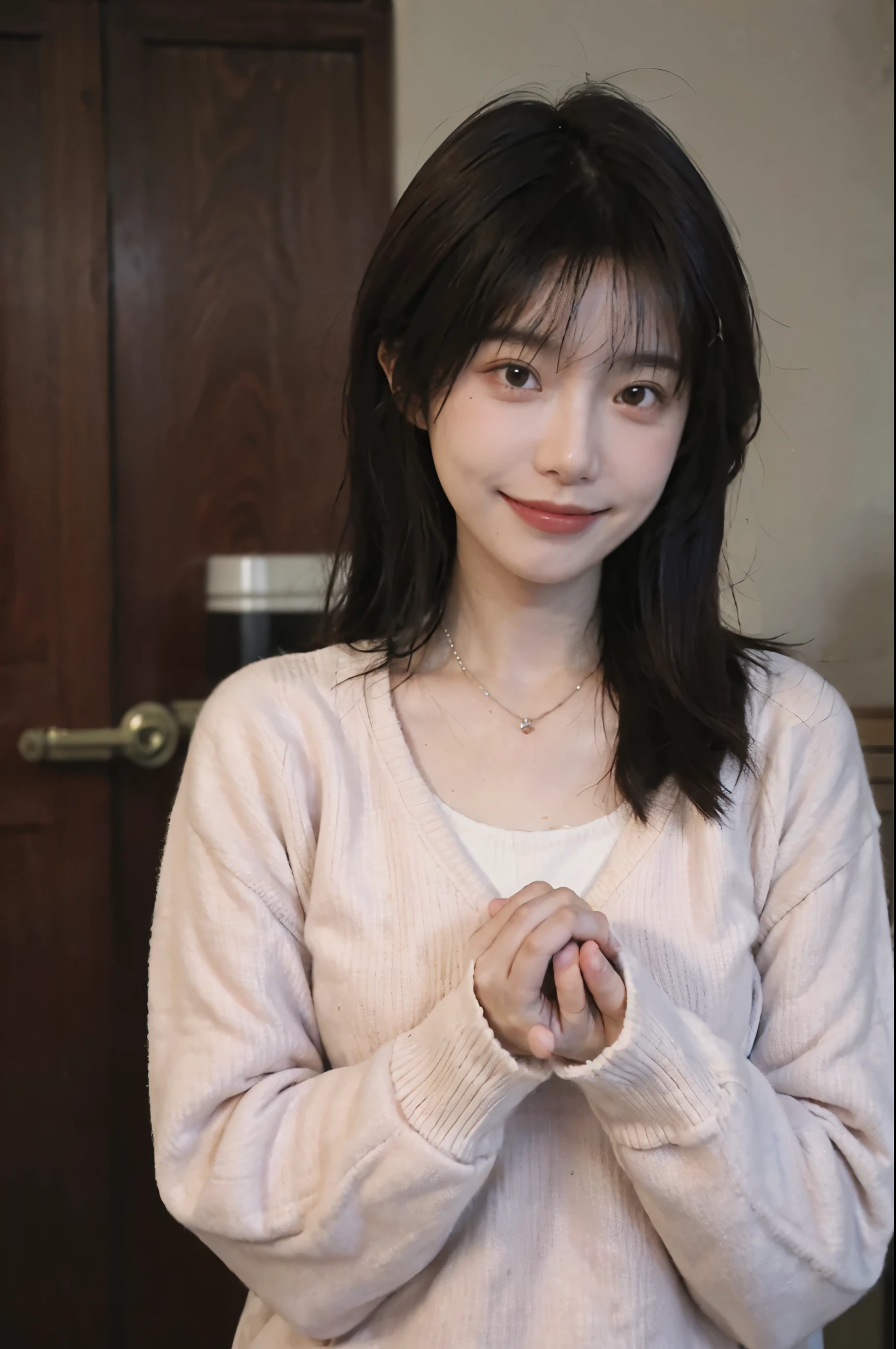 best quality， ultra high resolution， （realistically：1.4），cute hairpin，Baoyu Girl，1 girl,pink long sweater，pink long sweater ，Beautiful woman with slim figure:1.4, abdominal muscles:1.1, (a brown haired one, Medium chest:1.3), pink long sweater, bathroom,Super thin face，exquisite eyes，double eyelids，Smile，necklace