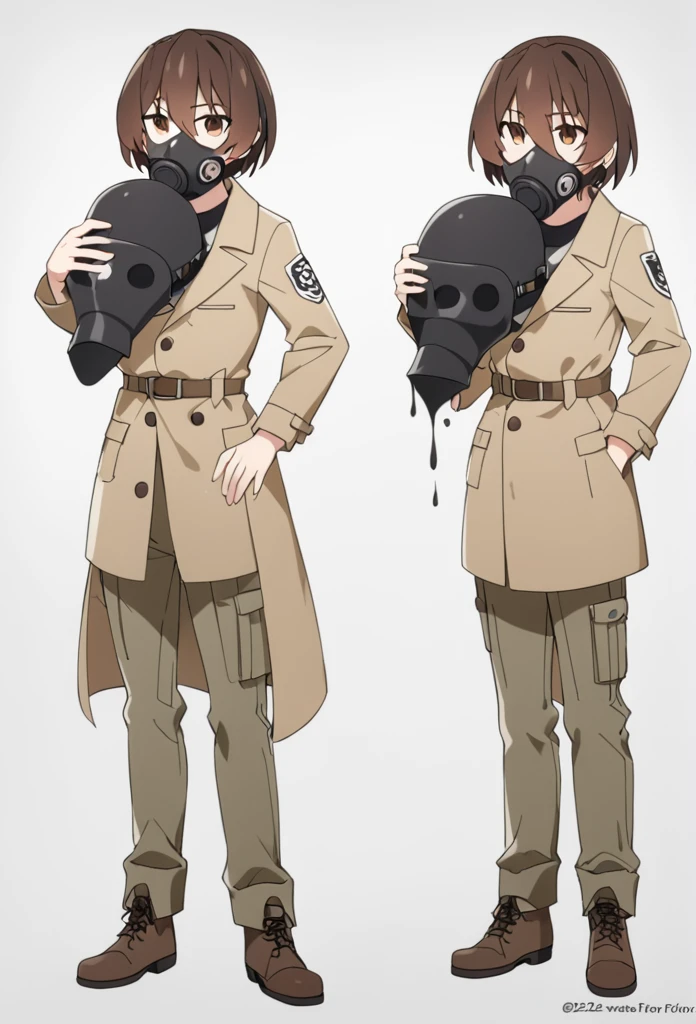 A demihuman with owl ears and a white plague doctor mask, brown hair and slim build, He wears khaki cargo pants and a brown trench coat with brown boots and a viscous substance similar to phosphorus flows from his hands,de 22 años