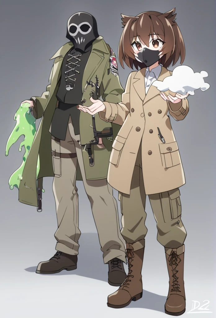 A demihuman with owl ears and a white plague doctor mask, brown hair and slim build, He wears khaki cargo pants and a brown trench coat with brown boots and a viscous substance similar to phosphorus flows from his hands,de 22 años