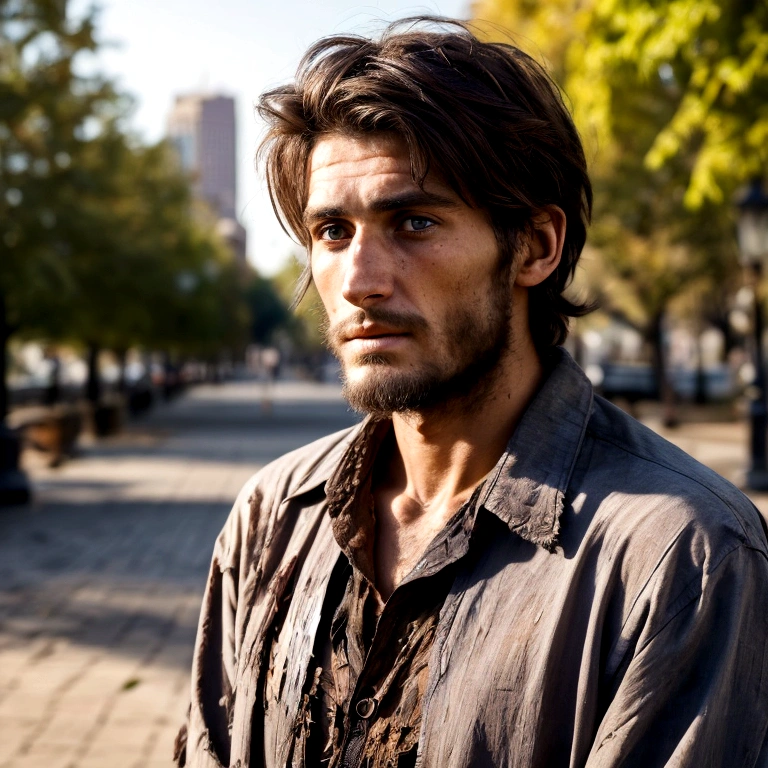 generate a very realistic 8k image of a handsome 27 year old homeless man staring at the camera with dirty and torn blouse in a beautiful city park