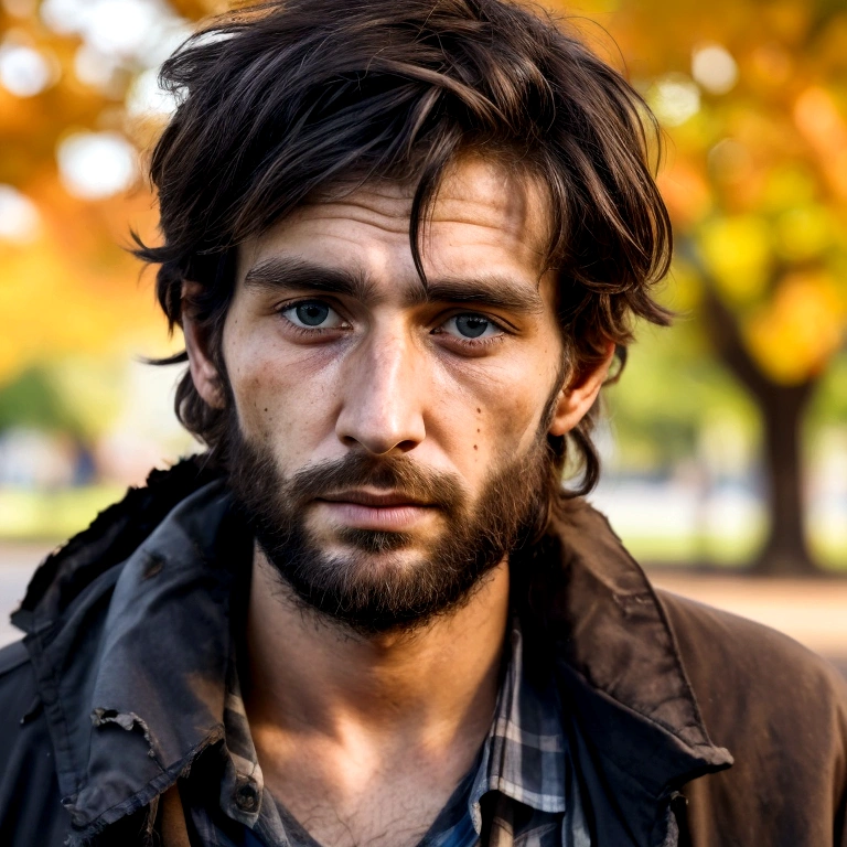 generate a very realistic 8k image of a handsome 27 year old homeless man staring at the camera with dirty and torn blouse in a beautiful city park
