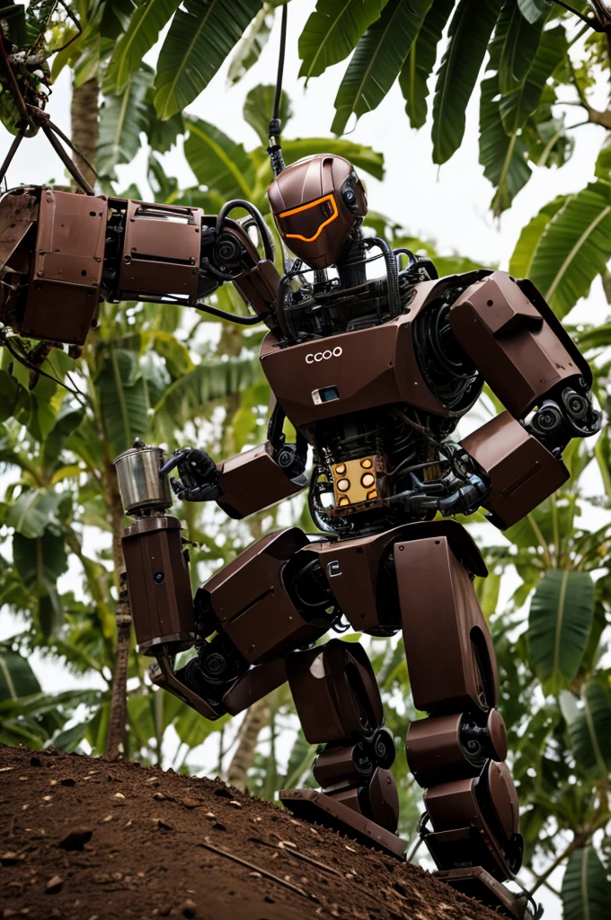 Robot harvesting cocoa from a tree 
