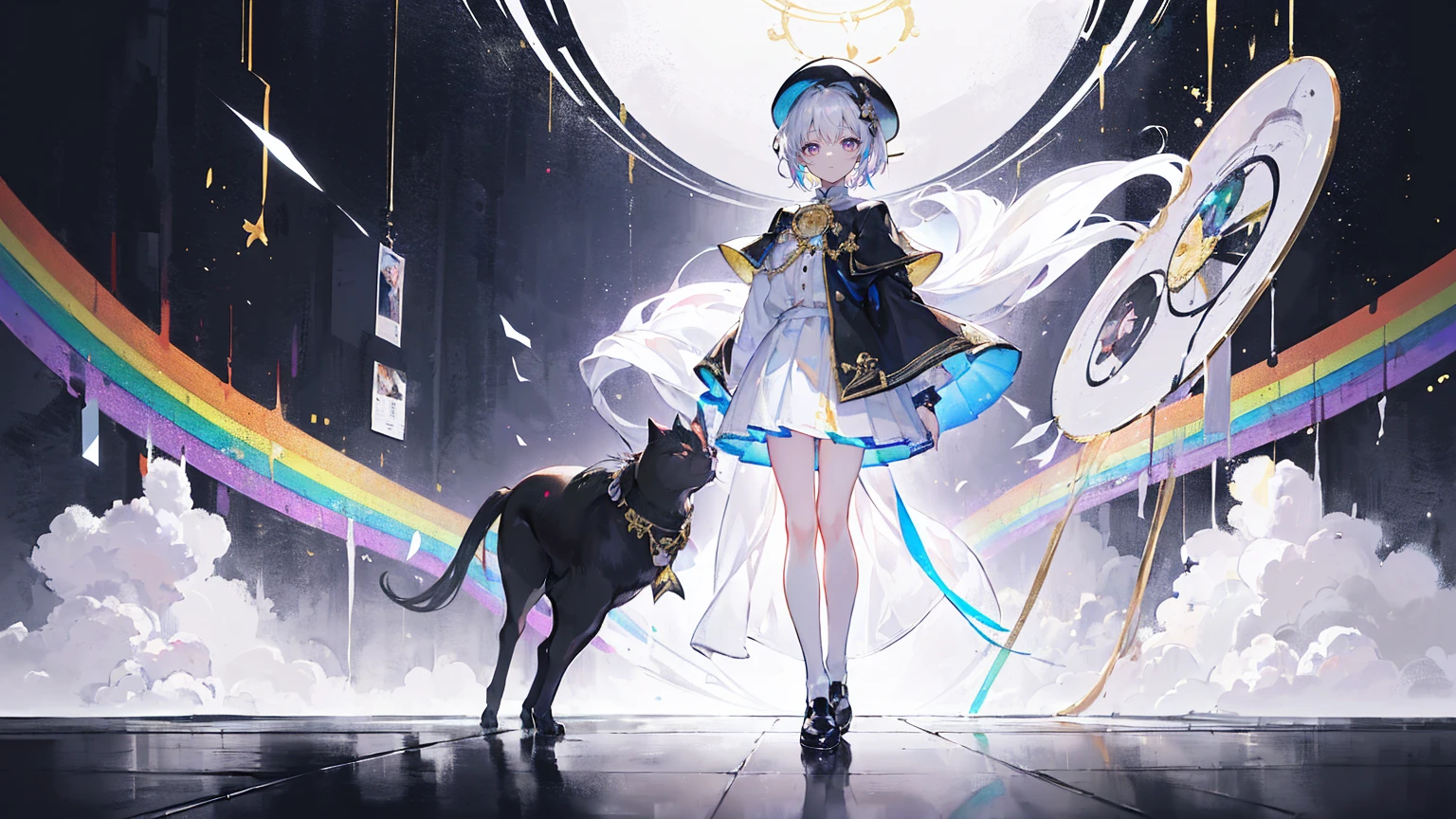 (Super detailed)),((illustration))，((masterpiece)),(((need))),((fine、Highest quality CG Unity 8K wallpapers，masterpiece），（（4K，masterpiece，best quality）），rainbow发的大概16岁的少女，flat chest，short hair，Gold and silver eyes，Golden Apprentice Uniform，Black short cape，Berets，Black shoes，Paint flowing under your feet，White Silk，Take the color palette，White short skirt covered with paint，Monocle，The walls are covered with portraits，身边有rainbow，phantom，Exhaustion，Overworked，Look in the mirror，The mirror reflects me in different clothes，Standing in a white room，Paint condensed in the air，rainbow，individual，Full body picture