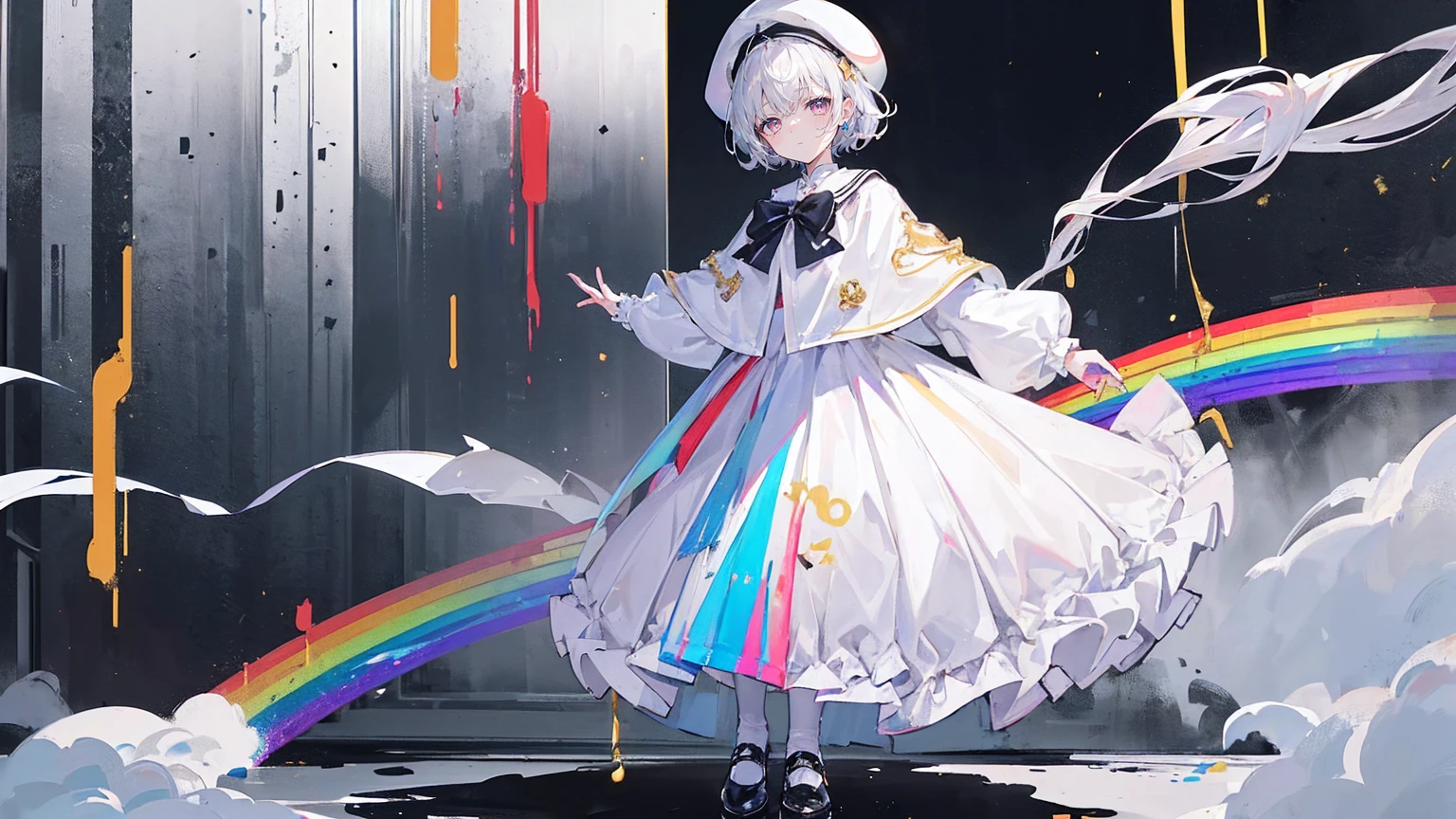 (Super detailed)),((illustration))，((masterpiece)),(((need))),((fine、Highest quality CG Unity 8K wallpapers，masterpiece），（（4K，masterpiece，best quality）），rainbow发的大概16岁的少女，flat chest，short hair，Gold and silver eyes，Golden Apprentice Uniform，Black short cape，Berets，Black shoes，Paint flowing under your feet，White Silk，Take the color palette，White short skirt covered with paint，Monocle，The walls are covered with portraits，身边有rainbow，phantom，Exhaustion，Overworked，Look in the mirror，The mirror reflects me in different clothes，Standing in a white room，Paint condensed in the air，rainbow，individual，Full body picture