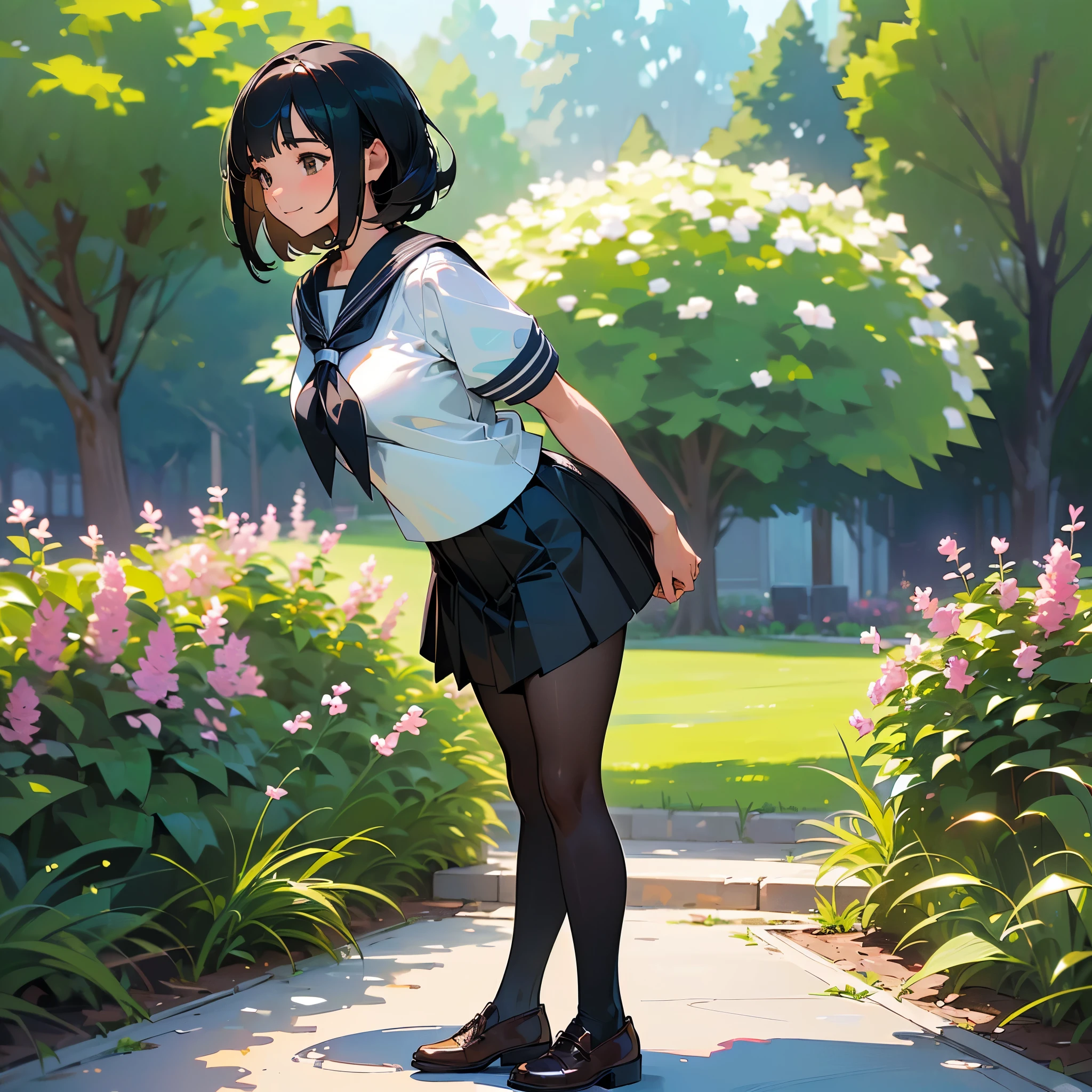 (Highest quality, High resolution, Super detailed, Realistic:1.37), Peaceful atmosphere, (Outdoor, garden), Teenage girl standing alone,(my breasts are big.),Beautifully detailed features, Cute Smile, ((Black bob hair)),Short-sleeved sailor uniform, Pleated skirt,Black tights,Brown leather shoes.