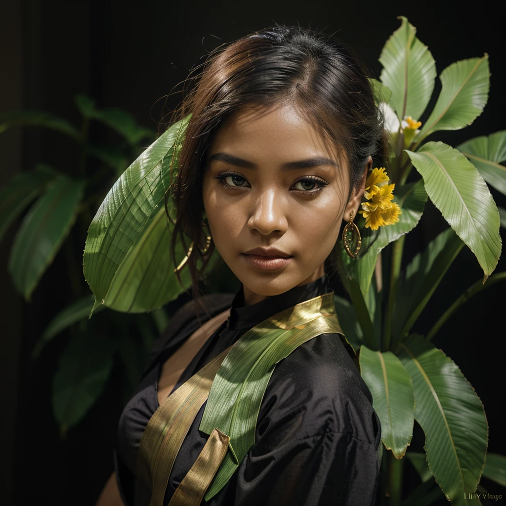 So beautiful Khmer woman ,a white to purple bearded iris flower with a green stem in the foreground and bronze metallic leaves with yellow veins against a smokey black background behind it fading to all black edge of the image, a digital rendering, photorealistic imagery, lyco art, Art Brenner