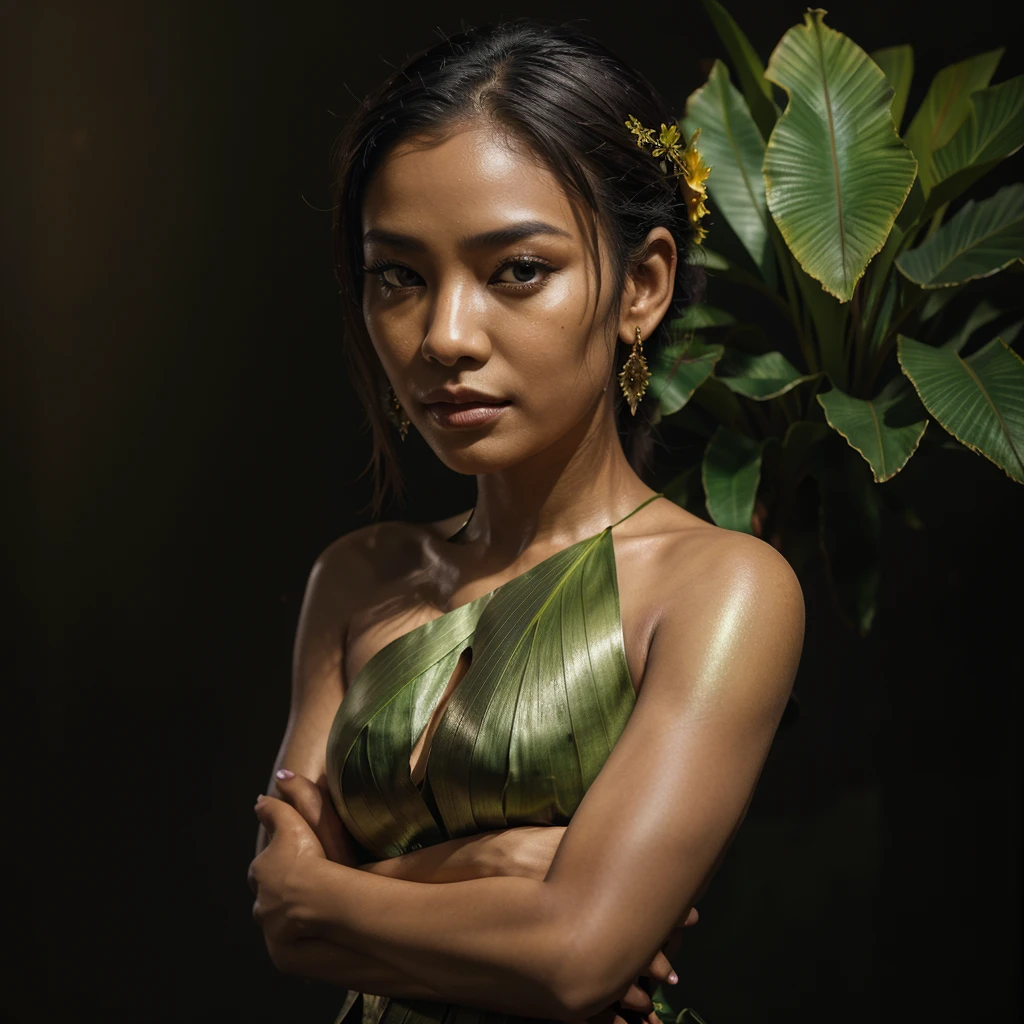 So beautiful Khmer woman ,a white to purple bearded iris flower with a green stem in the foreground and bronze metallic leaves with yellow veins against a smokey black background behind it fading to all black edge of the image, a digital rendering, photorealistic imagery, lyco art, Art Brenner