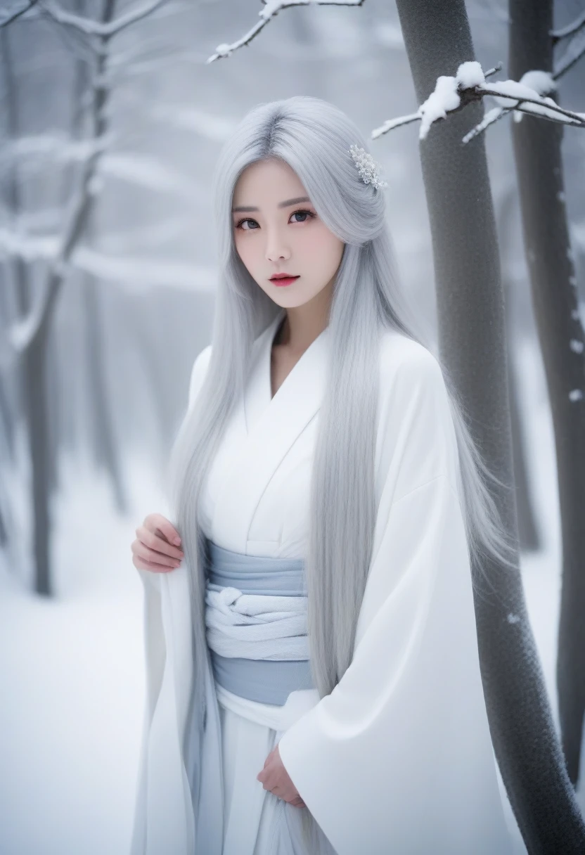 Arabian woman in white kimono in snowy forest, The sharp gaze of the Yuki-onna, Portrait of Sadako from the Ring, Bone Girl Skeleton Geisha, Beautiful avatar photos, Very long snow-colored hair, Super villain IU Lee Ji-eun, Shirahime cut hairstyle, Jinnah Chan, Beautiful fox woman, Japanese live-action films、Slender, eerie, beautiful, but cold-looking